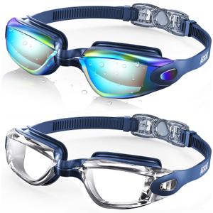 Aegend Swim Goggles, 2 Pack Swimming Goggles No Leaking Adult Men Women Youth (Aqua With Blue Strap &Black Clear With Blue Strap)
