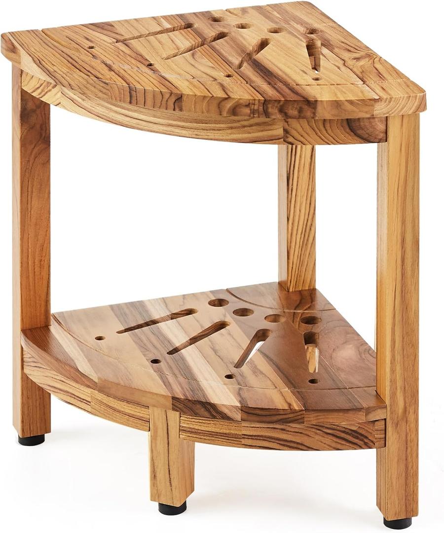 VEVOR 17" Teak Corner Shower Bench, 300 LBS Stool for Shaving Legs, Corner Bench with Storage Shelf for Inside & Outside Shower, for Bathroom