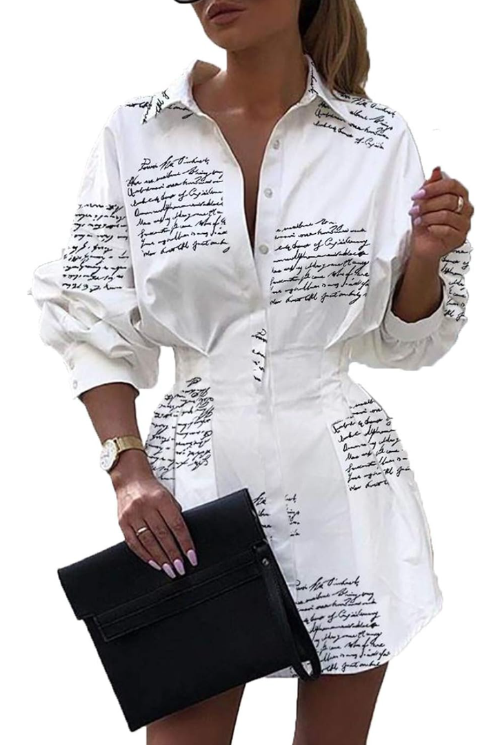 Sexy Mini Shirt Dress for Women - Casual Button Down Blouse Long Sleeve V Neck Belted Shirts Blouse Top Short Dress, XL