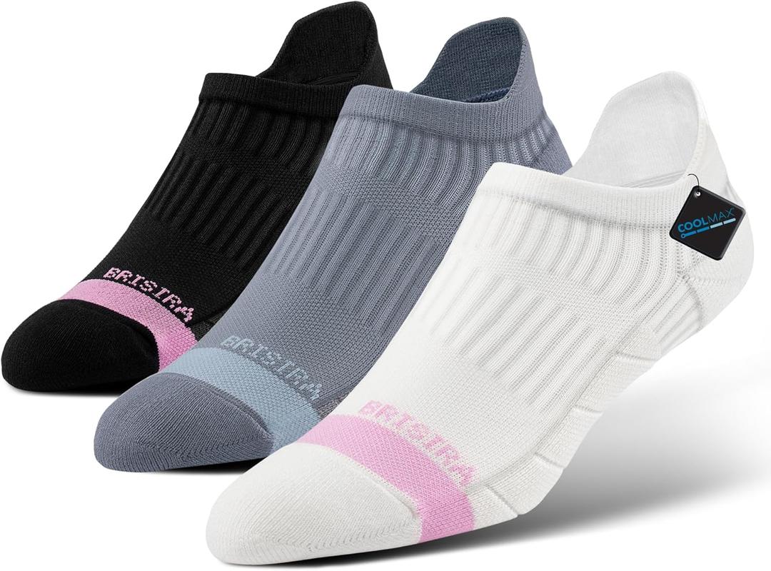 BRISIRA Coolmax Bamboo Viscose Women Compression Running Ankle Socks No Show Athletic Wicking Thick Cushioned Arch Support (8-10, Black + White + Grey)
