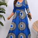 Runwind Plus Size Maxi Dresses for Curvy Women, 3/4 Sleeve V Neck Long Printed Dress with Belt Casual Dress with Pockets (Blue, XXL)