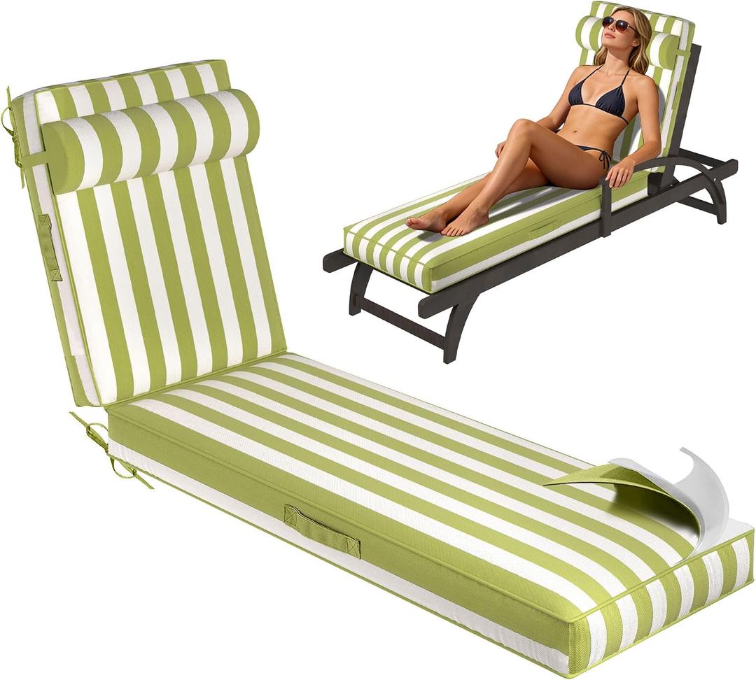 Chaise Lounge Cushions Outdoor 80x26x4 Inch, Patio Lounge Chair Cushions w/High Density Foam, 4 Inch Pool Lounger Cushion w/Removable Cover Handles, Fits Poolside Patio Outdoor Furniture, Greenstripe