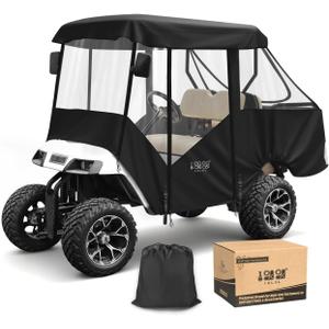 10L0L 2/4 Passenger Golf Cart Driving Enclosure for EZGO TXT/RXV Model, 4-Sided Clear Window 600D Rain Cover All Weather Windproof Waterproof - Black/Beige