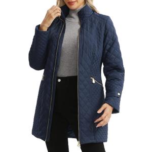 Women's Lightweight Long Diamond Quilted Jacket for Spring Fall | Relaxed Fit, Lightweight Warmth, Stand Collar, Deep Pockets for Daily Commute (Blue, S)