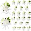 XunYee 20 Pcs Rose Wrist Corsage and Boutonniere Set, Men Corsages Wristlet Band Bracelet Artificial Prom Flower Wrist Corsage for Wedding Bride Groom Prom Suit Decorations (Ivory White)