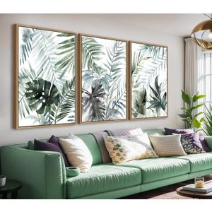 Large Framed Canvas Wall Art - Natural Float Framed Tropic Leaf Pictures Wall Art Prints for Living Room Decor Green Plants Artwork for Bedroom Kitchen Home Office Decoration 72" X 36" Set of 3 (Sage)