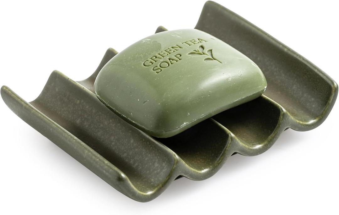 Bar Soap Holder, Ceramic Soap Dish for Shower, Bathroom Soap Saver with Drainage, Bathroom and Kitchen Sink Organizer, Keep Soap Dry (Fluted, Matcha Green)