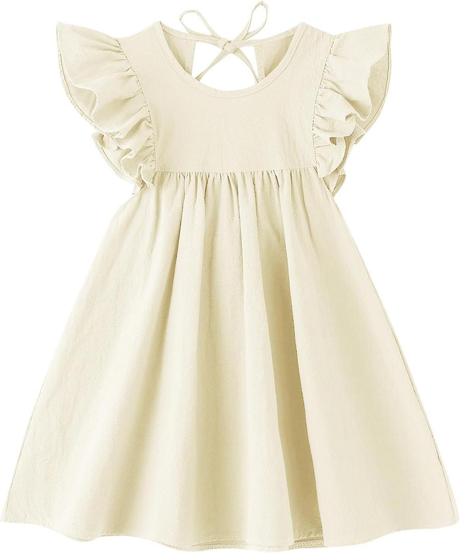 JNKLWPJS Toddler Linen Dress Baby Girls Ruffle Halter Sleeveless Casual Party Dresses Beige 100CM