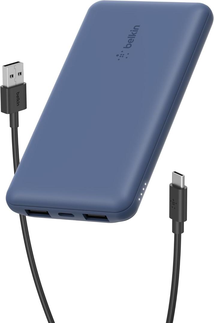 Belkin Portable Charger, USB C Power Bank 10000 mAh w/ 2xUSB-A Ports, 15W w/ Type-C to Type-A Cable - iPhone 17, Air, Pro, Pro Max, Samsung Galaxy S25, Nintendo Switch 2, Google Pixel 10, etc. - Blue