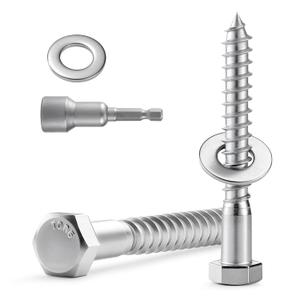 9 Sets 5/16" x 4" Hex Head Lag Screws Bolts with Flat Washers 304 Stainless Steel 18-8 Heavy Duty Lag Screw for Wood, Driver Bit Included (Silver)