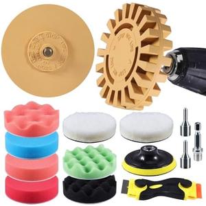 Eraser Wheel, VONDERSO Decal Remover, Adhesive Remover, 13PC Rubber Pin Stripe Removal Tool Kit for Drill for Automotive Car Sticker, Vinyl, Rv, with Polishing Pads, Wool Buffing Pad and Razor Blades