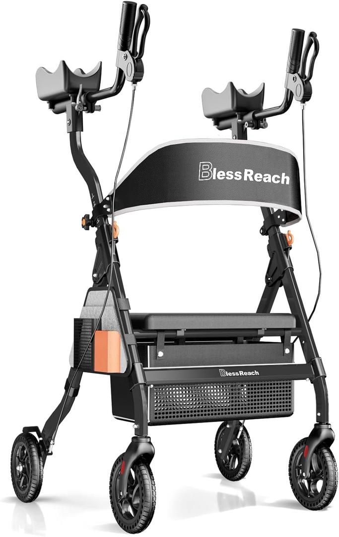BlessReach Heavy Duty Upright Rollator Walker for Seniors with Seat, 450lb Capacity, 8" All-Terrain Wheels, 6 Height Adjustments, Padded Seat & Backrest, Easy Assembly, Foldable Design, Black