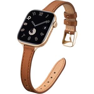STIROLL Slim Leather Bands Compatible with Apple Watch Band 38mm 40mm 41mm 42mm(Series 11 10), Top Grain Leather Watch Thin Wristband for iWatch SE 9 8 7 6 5 4 3 2 1 (Brown Gold)