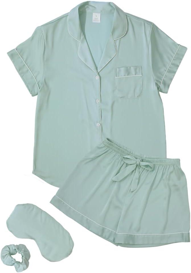 TEERAPHIQUE 4Pcs Womens Satin Pajama Silk Pajamas for Women Set Tops & Shorts Sleepwear Loungewear With Eye Mask & Hair Rope (Small, Green)