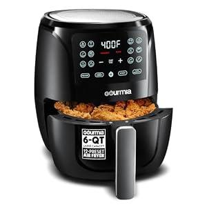 Gourmia Air Fryer - 6 Qt Basket Capacity, 12 Cooking Presets, Black
Digital Display, Touch Controls, 90–400°F Adjustable Temperature, Dishwasher-Safe Basket & Crisper Tray