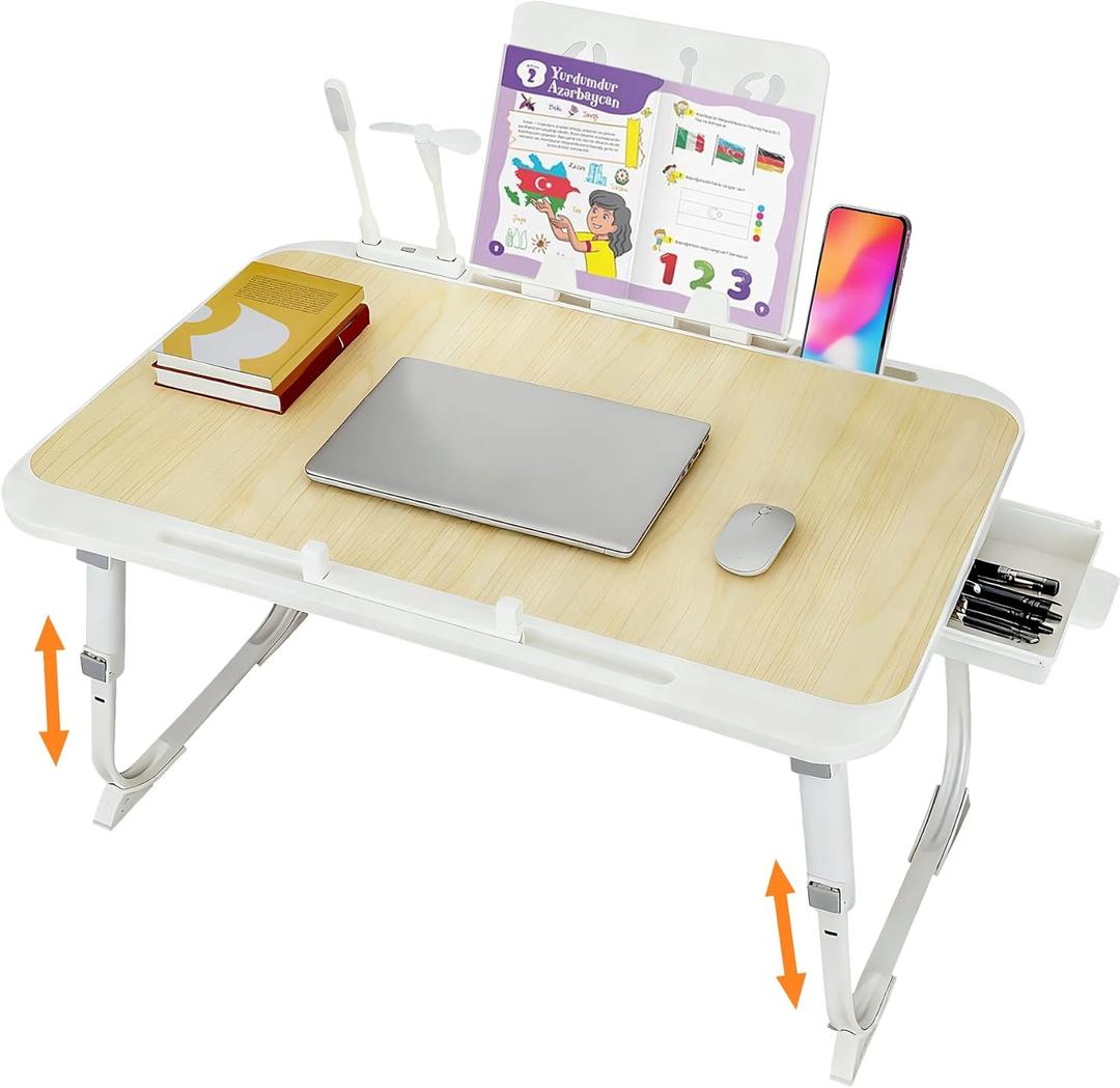 Laptop Desk for Bed, Adjustable Height Laptop Bed Table, Foldable Lap Desk with USB Charge Port, Desktop Card Slot, Side Drawer, Book Shelf, Portable Lap Tray for Eating Reading Working Sofa & Floor (White)