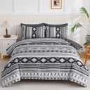 Dinjoy Dark Grey Boho Comforter Set Queen Size,7 Pieces Bed in a Bag Queen Warm Black Bedding Sets with Sheets Aztec Comforters Mens Striped Complete Set for Fall Winter 90"x90"
