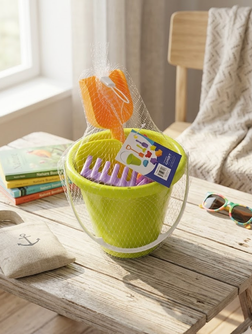 Beach Bucket Toy Set 9 Piece 1 Bucket 2 Shovels 1 Rake 5 Sand Molds