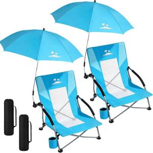 Folding Beach Chair for Adults with UPF 50+ Umbrella, Lightweight Low Beach Chair with Mesh Back, Portable Camping Chair with Carry Bag for Outdoor Beach Lawn Camping, 300lbs Capacity(2 Pack)