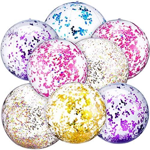 Chivao 10 Pcs Inflateable Sequin Glitter Beach Balls, 24 Inch and 16 Inch Jumbo Pool Confetti Glitter Balls, Swimming Pool Beach Toys for Summer Favor Decorations