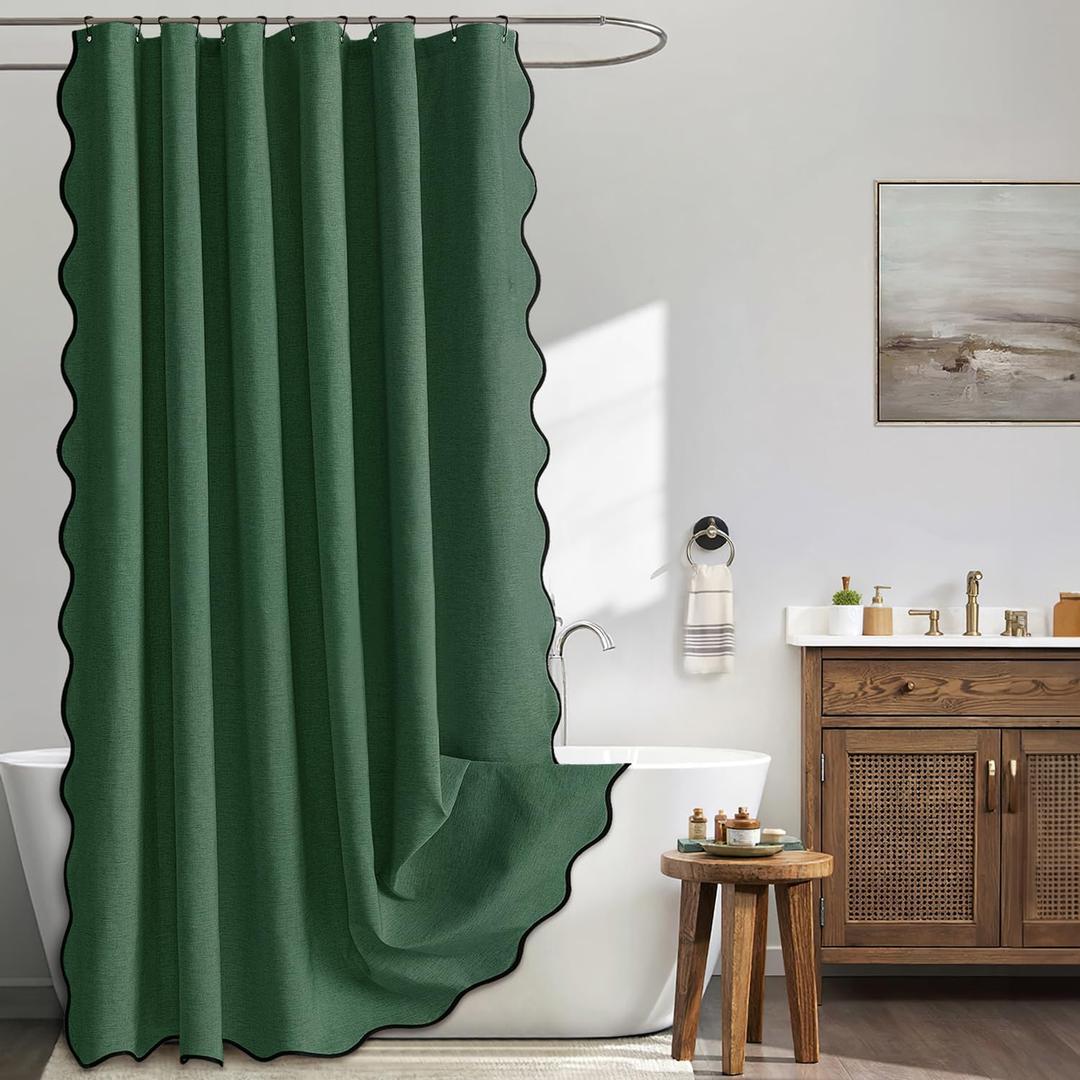 MIULEE Christmas 84" Long Scalloped Shower Curtain Linen Textured with 12 Metal Hooks Cute Extra Long Heavy Duty Washable Waterproof Cloth Curtains with Black Border for Bathroom Hotel,Dark Green