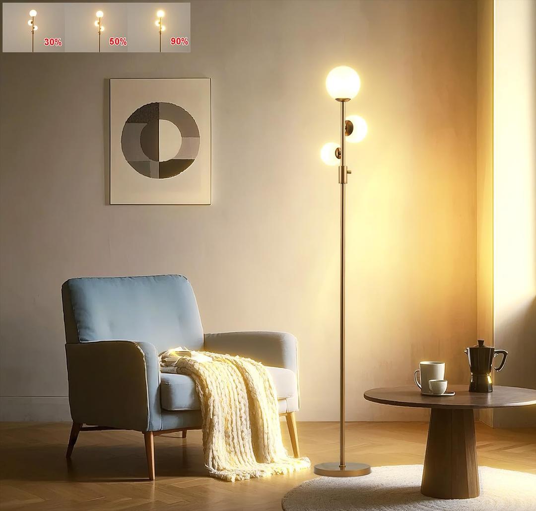 Fiqevs Dimmable 3 Globe Mid Century Modern Floor Lamp, Standing Lamp Gold with 3x800LM LED Bulbs & Eye-Caring Frosted Glass Shade, Tall Floor Light Antique Brass for Living Room, Bedroom, Office (3 Globe Dimmable Gold)