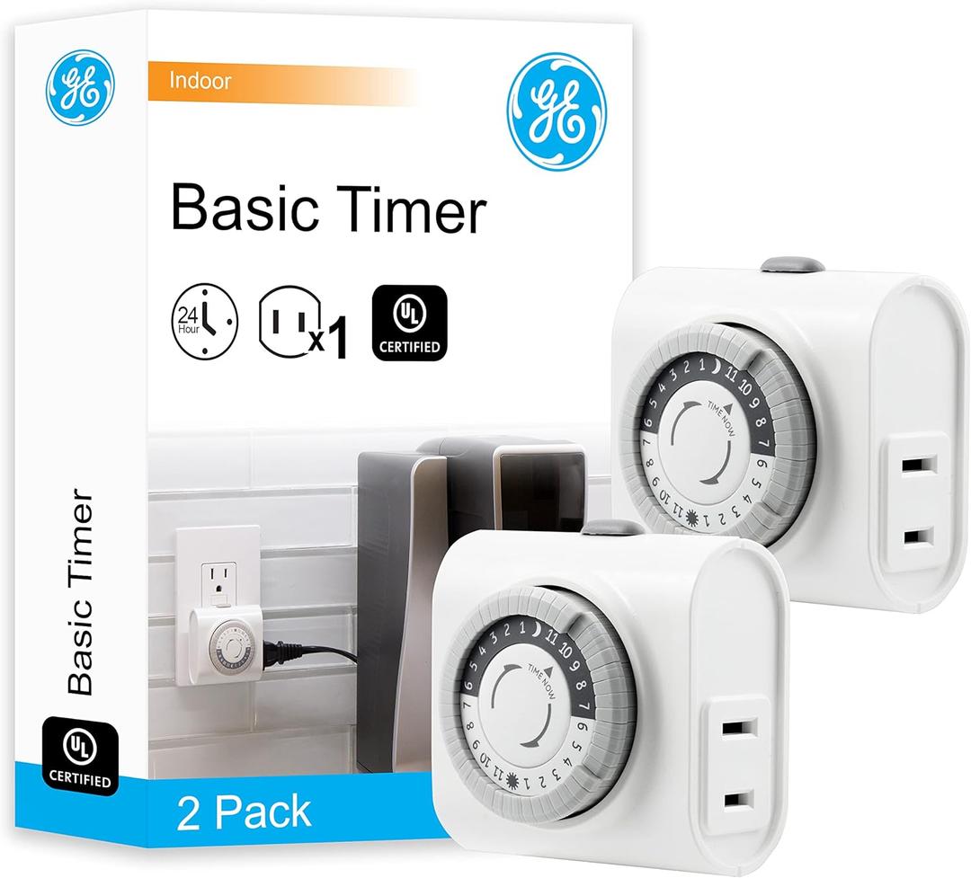 GE Mechanical Polarized Outlet Timer, Single Plug with 2 Prongs, 24 Hour Cycle, Indoor Use for Lights, Lamps, Fans, Appliances, Christmas Tree, 2 Pack, 56177
