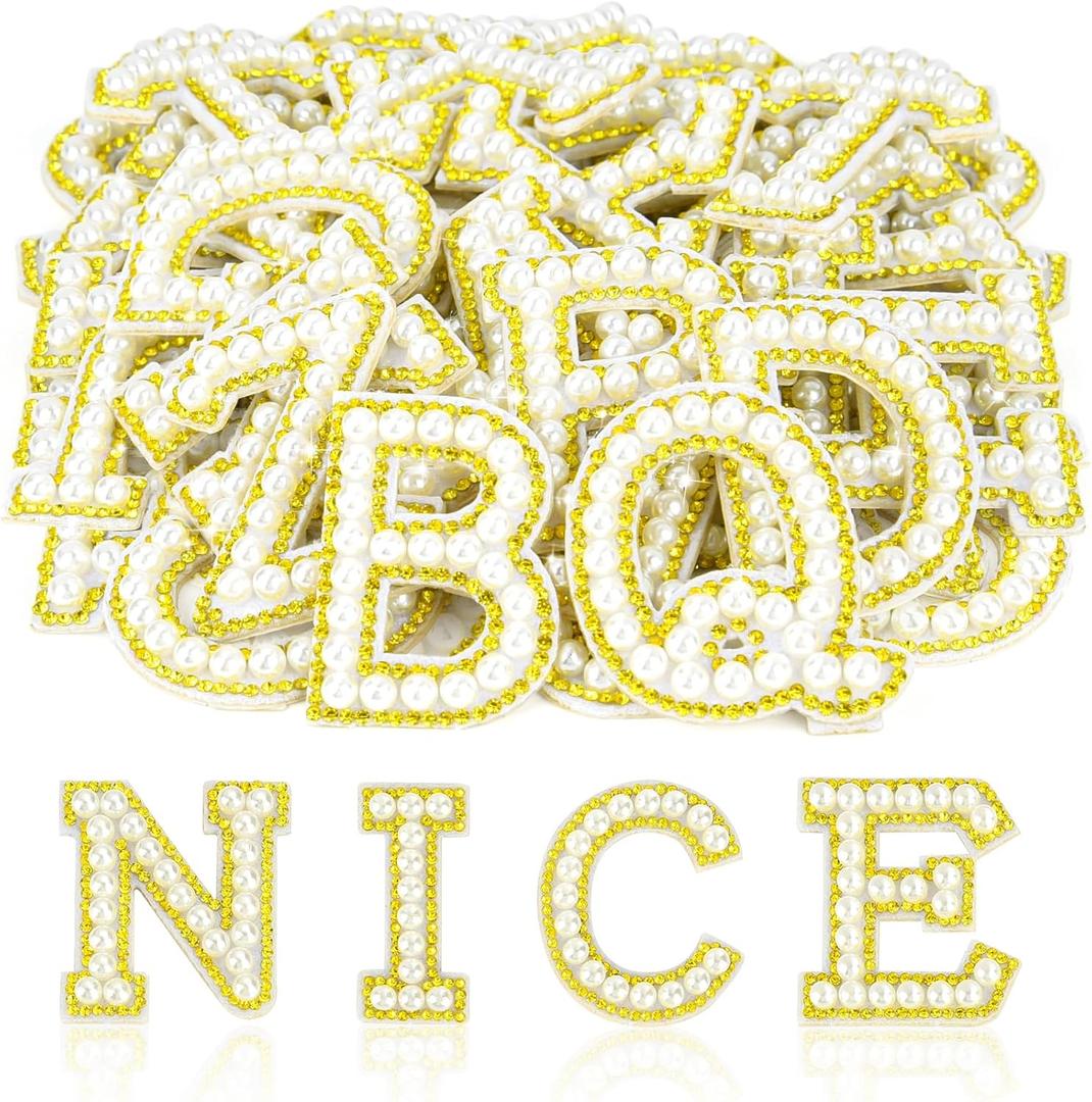ASTARON 26 Pcs Self Adhesive Letter Patches Pearl Rhinestone Letter Stickers, Glitter Rhinestone Letters A-Z Embroidered Applique Patches Alphabet Cloth Patch for Clothes, Bags, Hat, Phone Case, DIY (White&Gold)