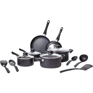 Amazon Basics Non Stick Kitchen Cookware 15-Piece Set, Non-Induction, Includes Pots, Pans, and Utensils, Black