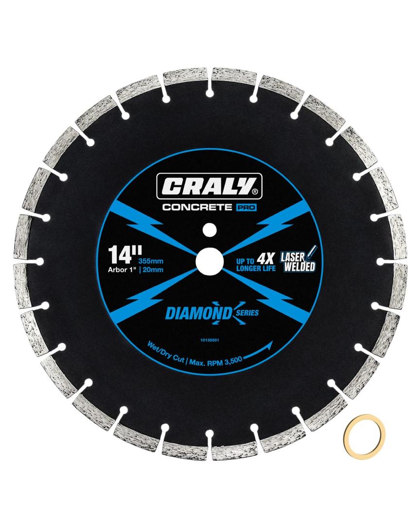 CRALY 14 Inch Super Thin Segmented Diamond Blade, 1 in Arbor, 9'' Diamond Stone Blade for Angle Grinder & Masonry Saw, Diamond Cutting Wheel for Cutting Concrete, Paver, Masonry, Stone, Granite