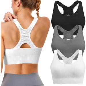 Adjustable Sports Bras for Women: 3 Pack High Support Padded Racerback Sport for Large Bust Workout Running Gym (Small, Black/Grey/White)