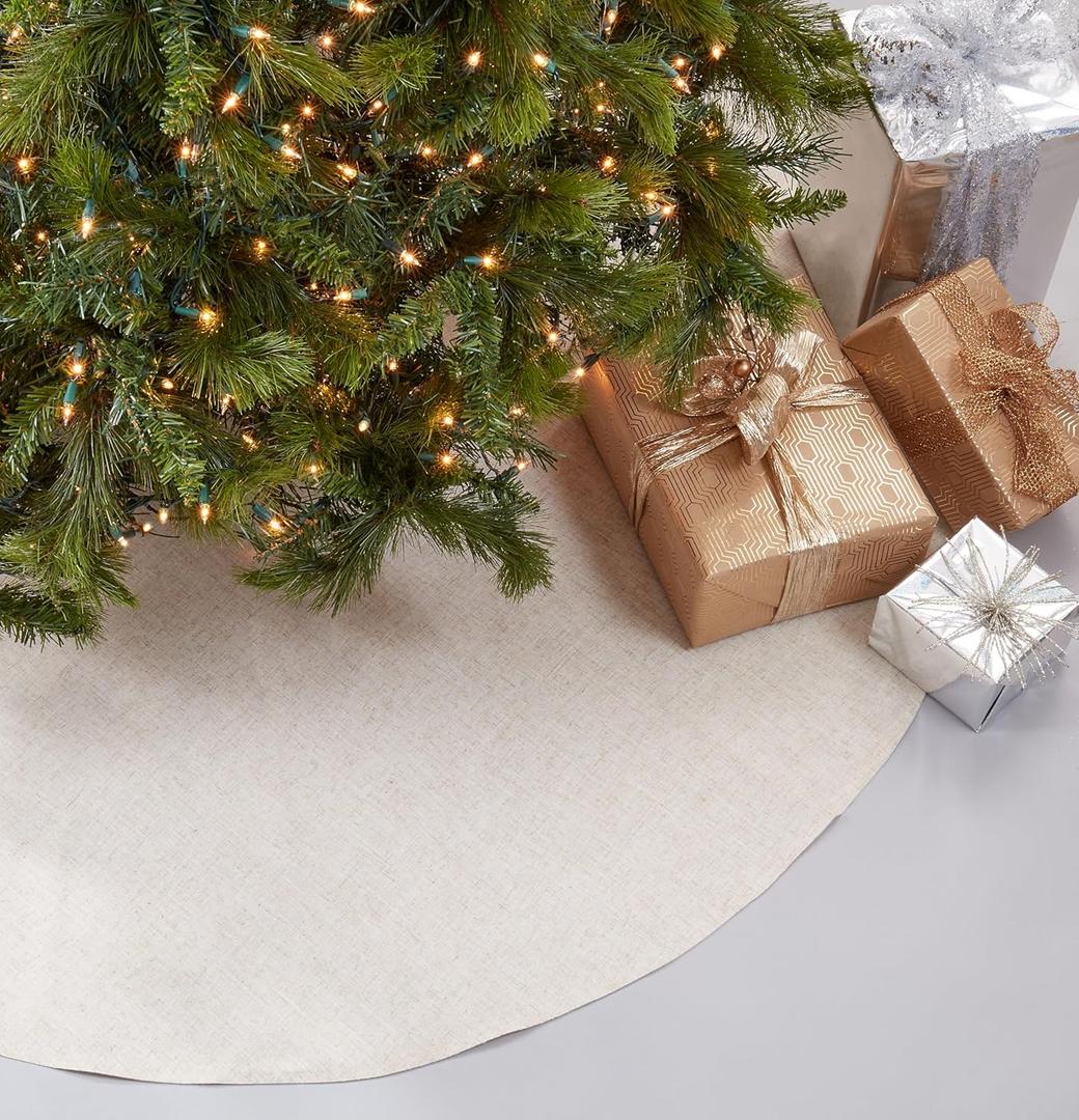 SARO LIFESTYLE Linen Christmas Tree Skirt  Toscana Collection  Natural Solid Edge  Classic Holiday Farmhouse Dcor, 56", Natural