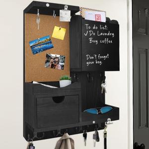Key Holder Wall Mount Mail Organizer Key Holder for Wall with Shelf, Drawer, Chalkboard, Corkboard, Home Decor Wall Mounted for Room Entryway (Black)