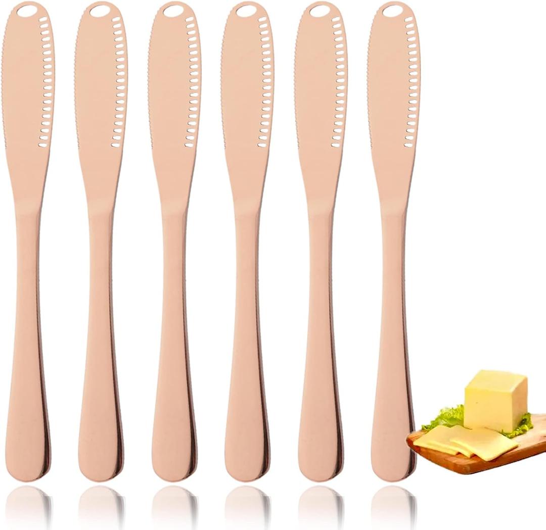 JASHII 6-pieces Stainless Steel Spreader Knife, Shiny Peanut Butter Knives Butter Knife Spatulas Spreader and Curler for Spreads Butter Cheese and Condiments - Rose Gold