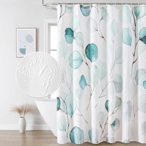 QiyI Spring Eucalyptus Shower Curtain - 3D Embossed Butterflies Botanical Bathroom Set, Minimalist Sage Green Leaves Cloth Bath, Waterproof Fabric With Hooks, 72x72