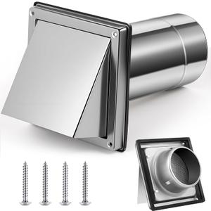 Gisafai 4" Dryer Vent Cover Outside with Stainless Steel Guard Wall Dryer Exhaust Cap and Removable Extended Pipe Vent Shroud Hood Cushioned Non Return Flap with Sealing Gasket Grille (Silver)