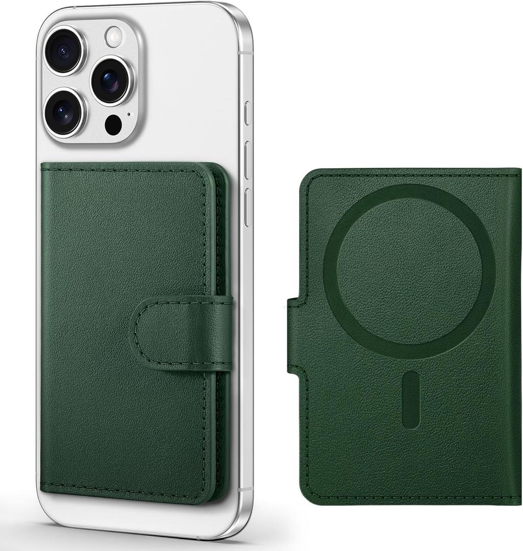 SHIELDON for Mag Safe Wallet Genuine Leather Strong Magnetic Card Holder, Slim RFID Blocking 6 Card Slots with ID Window Compatible with iPhone 17/16/15/14/13/12 Series & Magnetic Case - Evergreen