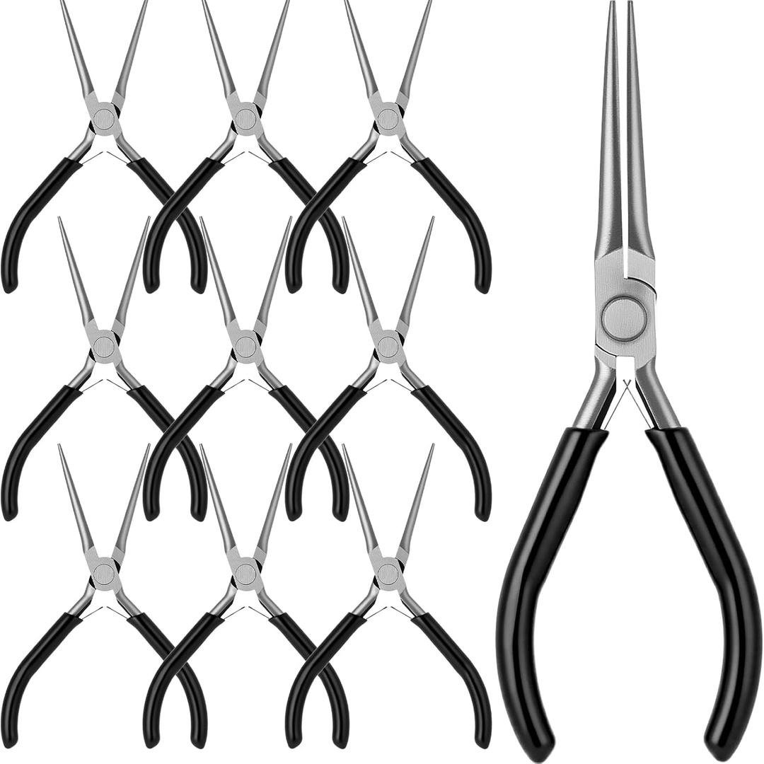 10 Pack Mini Needle Nose Pliers Bulk, 6 Inch Precision Pliers Set with Extra Long Tips for Jewelry Making, Wire Wrapping, Small Object Gripping, DIY Project(Black)