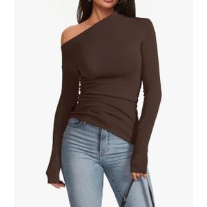 Women's Sexy Off Shoulder Tops Dressy Long Sleeve Asymmetrical Slim Fit Going Out Fall Blouse Ruched Shirts, Large