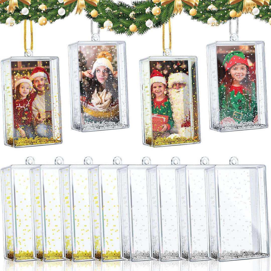 Wonderjune 12 Pcs 2 x 3'' Christmas Photo Frame Snow Globe Ornament Mini Acrylic Hanging Snow Globe Frame Glitter Snow Floating Picture Frame with String for Christmas Tree Decoration, Silver, Gold