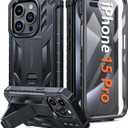 FNTCASE for iPhone 15 Pro Case: Military Grade Drop Proof Rugged Protective Cell Phone Cover with Kickstand & Built-in Protector | Matte Textured Shockproof TPU Hybrid Bumper Cases (Black)