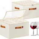 Glass Storage Box with Dividers, 2 Pack Glassware Storage Containers, Stemware Storage Cases Holds 32 Glasses, Stackable Crystal Storage Containers with Clear Cover for MovingBeige