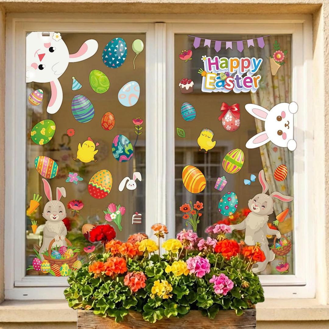 3 x Easter Window Clings Happy Easter Bunny Rabbit Egg Stickers for Glass Windows Kids Decals Spring Decor for Home Office School, 9 Sheets