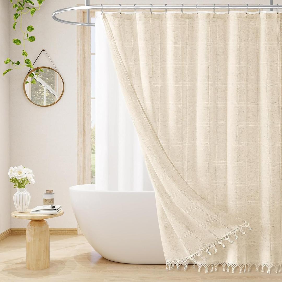 Linen Boho Farmhouse Shower Curtain Set with Tassel, Modern Bohemian French Country Chic Bathroom Shower Curtain Set with PEVA Liner, Cotton Hollow Fabric Shower Curtain,72x72 - Beige/Cream
