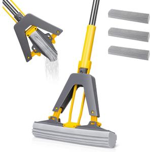 Masthome Sponge Mop,Roller Sponge Mop with 3 Absorbent PVA Mop Refills,Self Squeeze Sponge Mops and Stainless Steel Handle,PVA Sponge Mops for Floor Cleaning