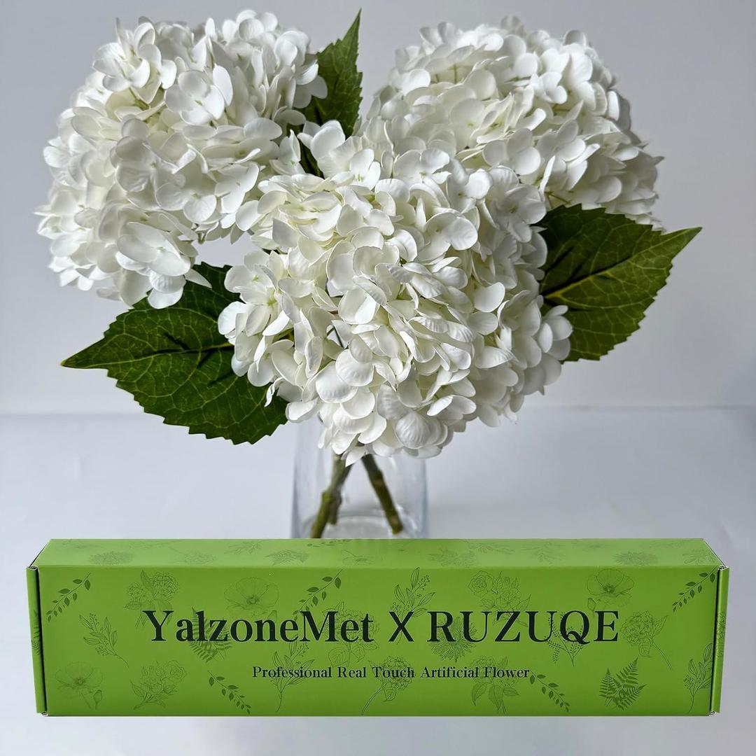 YalzoneMet 3 PCS White Hydrangea Artificial Flowers 21 inchs Real Touch Faux Hydrangea Flowers for Wedding Tables Centerpieces Fake Flowers for Party Home Kitchen Decor
