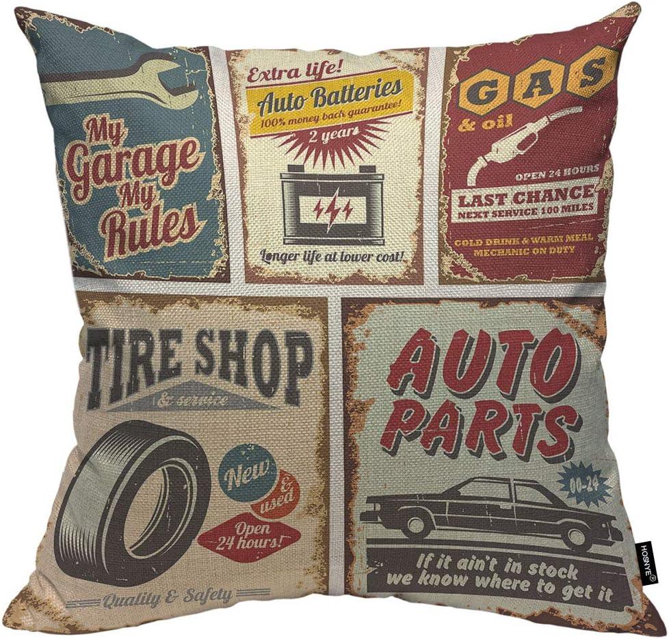 HOSNYE Vintage Car Service Cotton Linen Throw Pillow Case Auto Parts Gas Tire Shop Garage Auto Batteries Pillow Cushion Covers Home Sofa Decorative 18 X 18 Inch (Multi153)