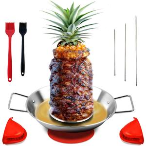 Fengzhe Al Pastor Skewer for GrillStainless Steel Vertical Stand, Brazilian Spit Stand with removable 3 Spikes, 2 Brushes, Anti-scalding Fittings, Fat Separator Tray, for Tacos Al Pastor, BBQ