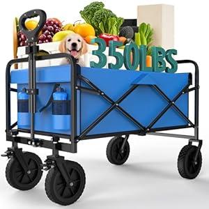 OLIXIS Heavy Duty Wagon Cart with Wheels Foldable, Large Collapsible Wagons Carts with All-Terrain Wheels, Smooth Maneuverability, Suitable for Gardening, Camping and Beach, Blue