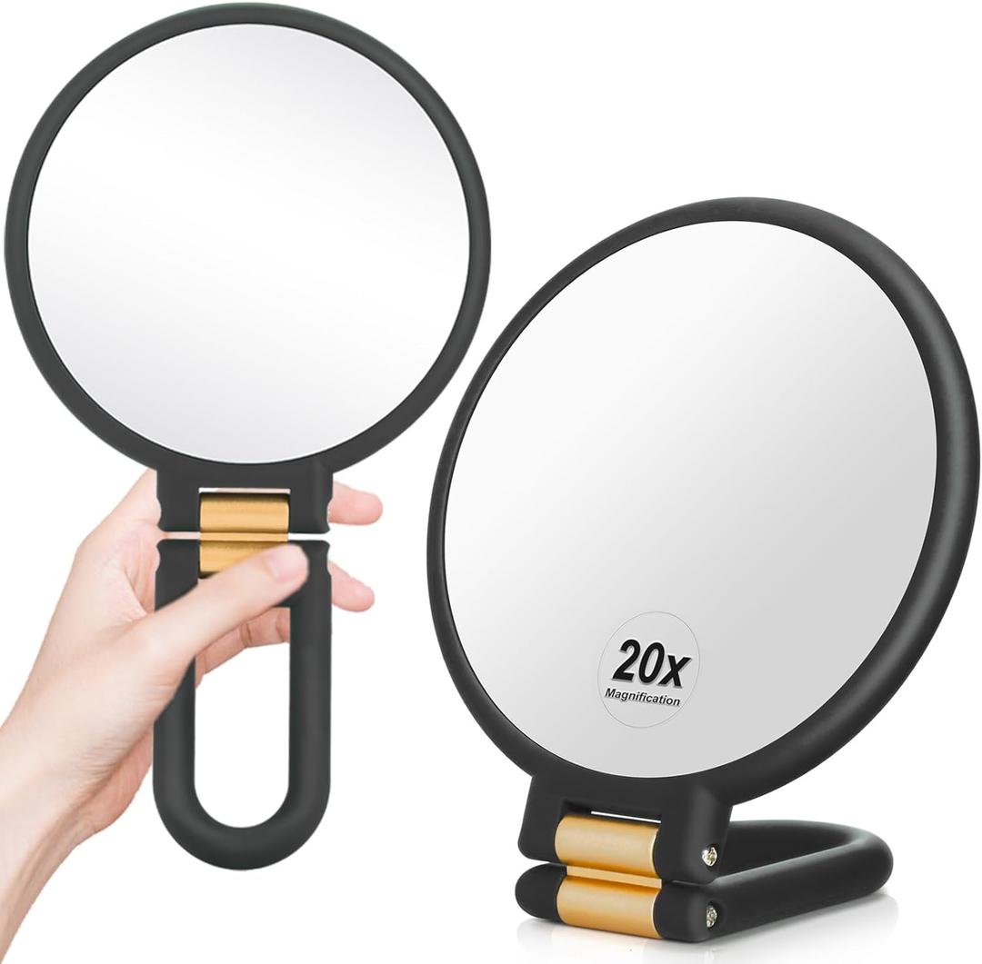 1x 20x Magnifying Travel Mirror, Hand Mirror with Handle - Double Side Hand Held Mirror with 1x 20x Magnification & Foldable Handle, Portable Travel Makeup Hand Mirror for Women (Black)